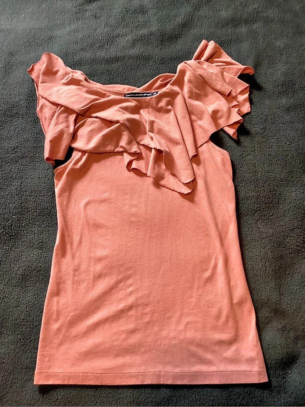 Ralph Lauren Sport Ruffled Neck Short Sleeve Top in Peach Size XS sku 38